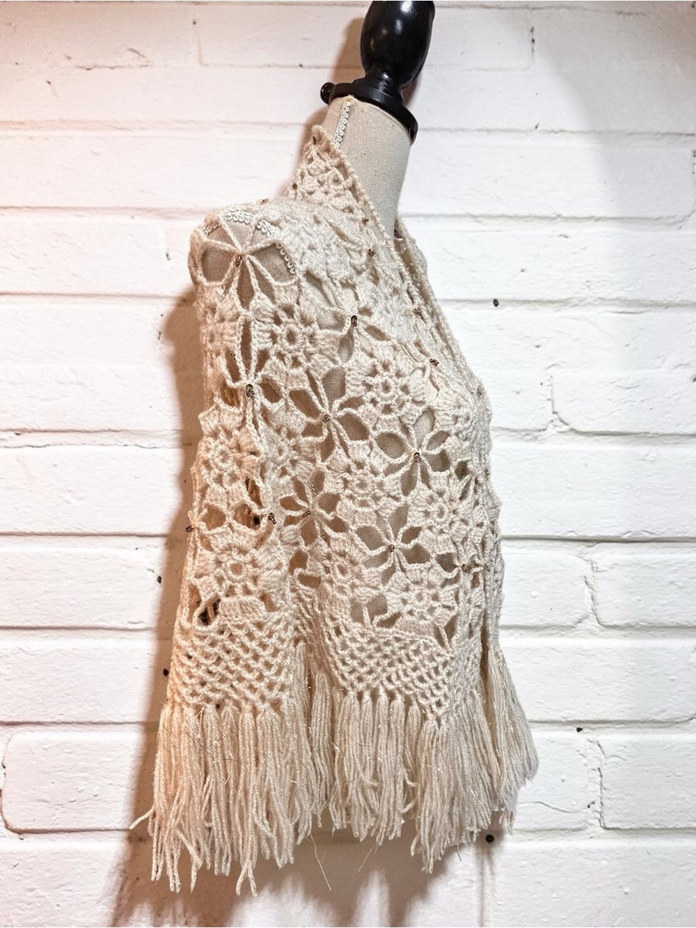 Handmade Crochet Ivory
Fringe Shawl Wrap, beaded details Cottagecore Boho Cozy - Picture 3 of 9